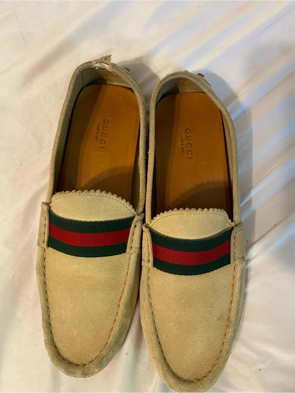 Gucci women’s beige Suede Loafers with Signature Web Stripe